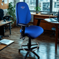 Blue office chair with 'Chilli' branding in an office setting