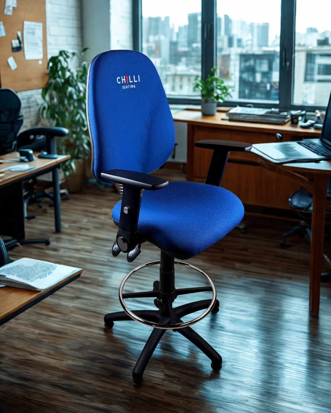 Blue office chair with 'Chilli' branding in an office setting