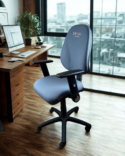 Blue office chair with 'Chilli' branding in an office setting