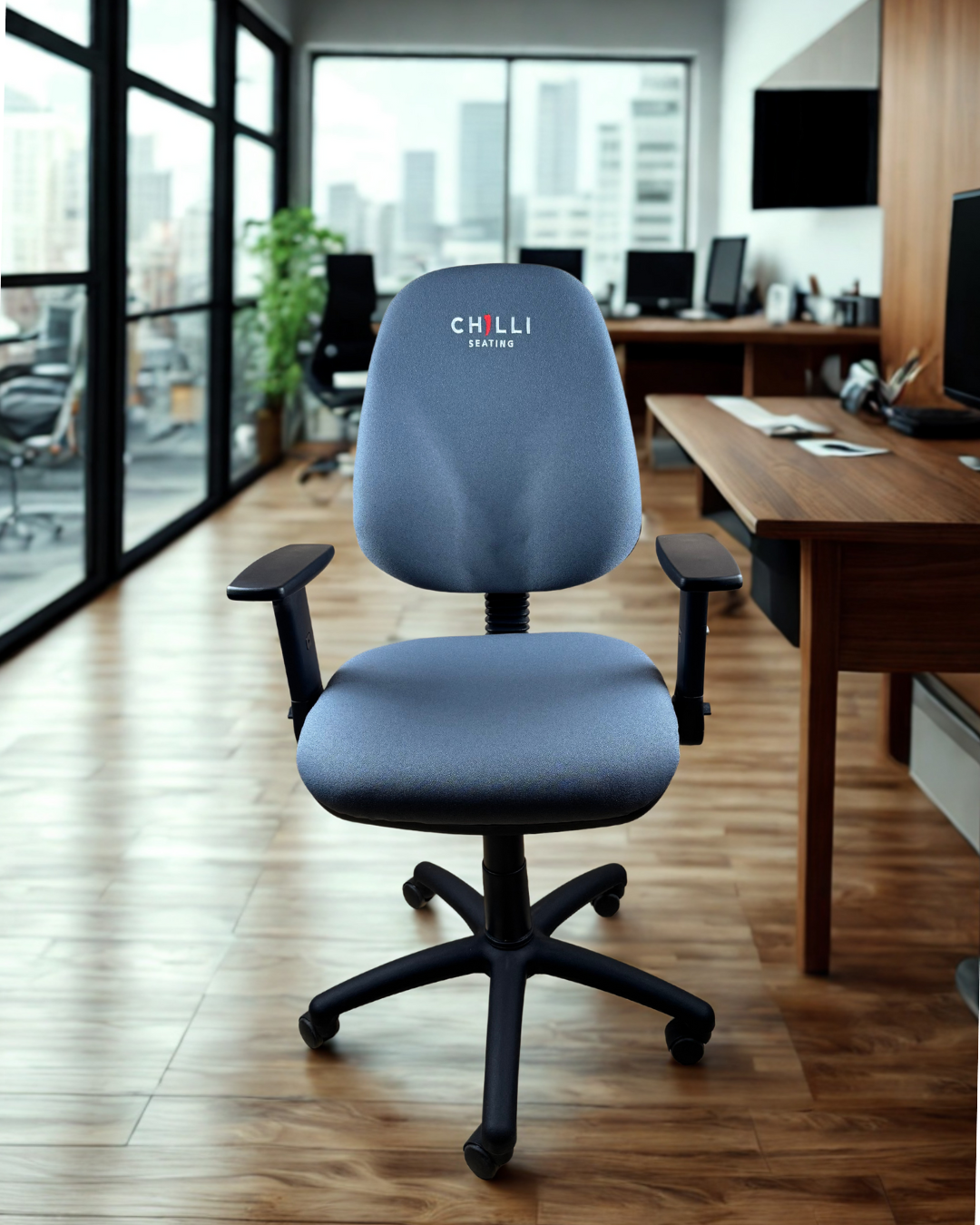 Blue office chair with 'Chilli' branding in an office setting