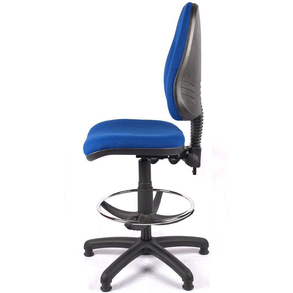 High Back Fabric Draughtsman Chair blue side view. 