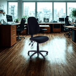 Empty office with desks and chairs in a modern cityscape.