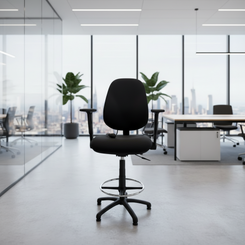Black office chair in a modern office setting with large windows and cityscape view.