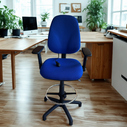 Blue office chair in a modern office setting with wooden desks and plants.