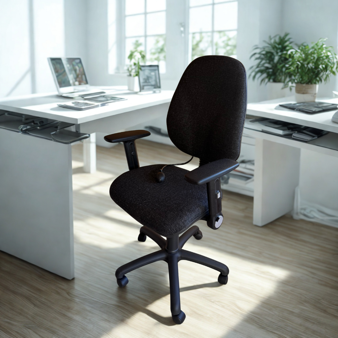 Black office chair in a bright office setting with desks and computers.