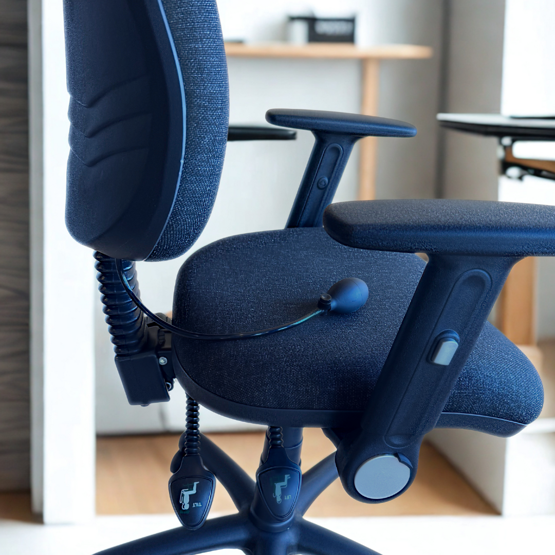 Blue office chair with adjustable features in an office setting