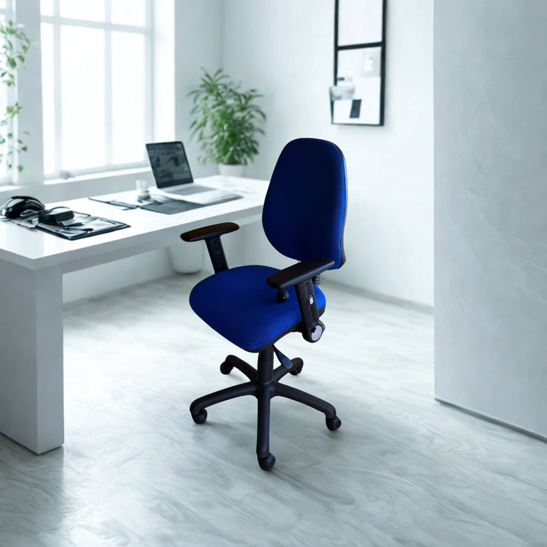 Blue office chair in front of a white desk with a laptop in a bright room.