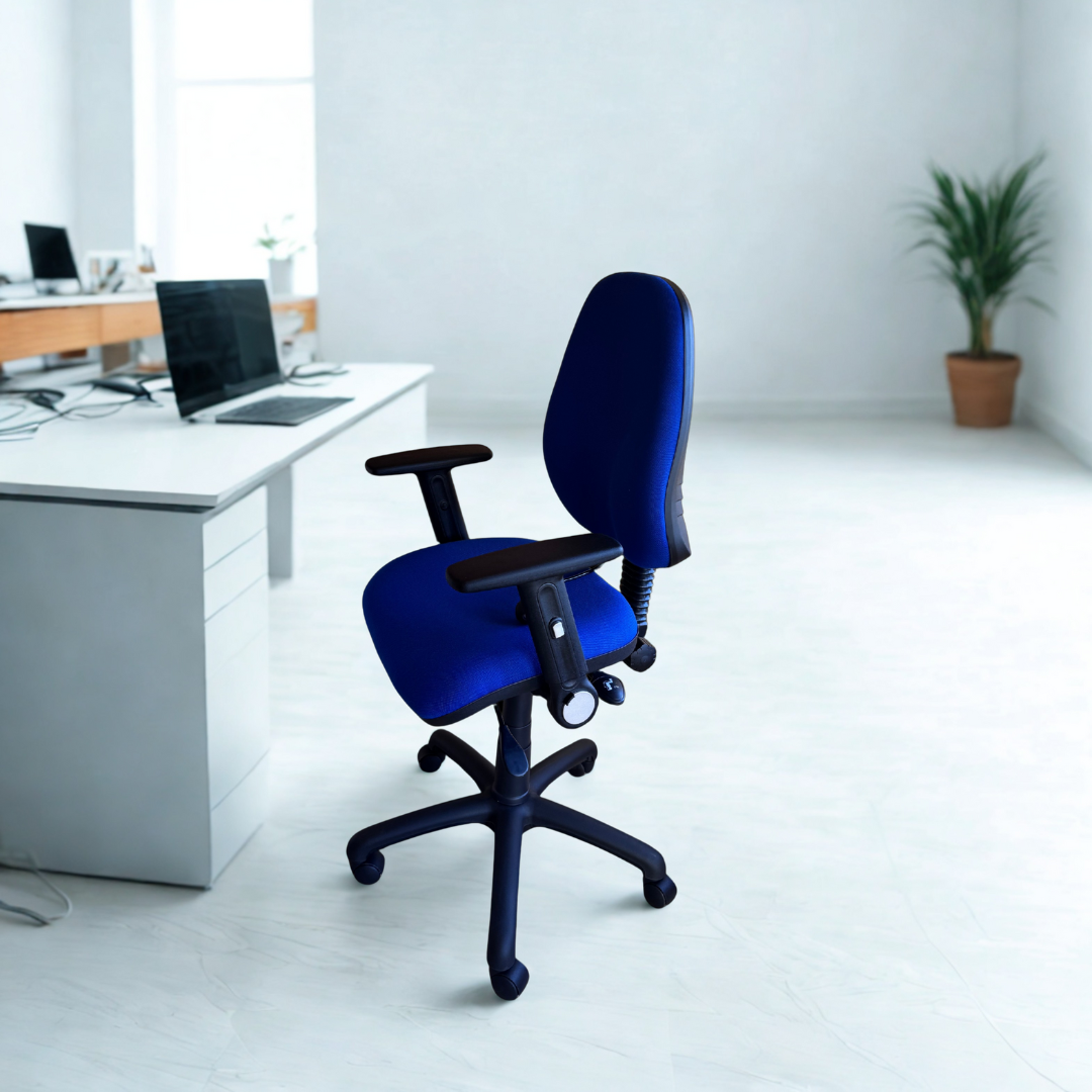 Blue office chair in a modern office setting with a desk and computer.