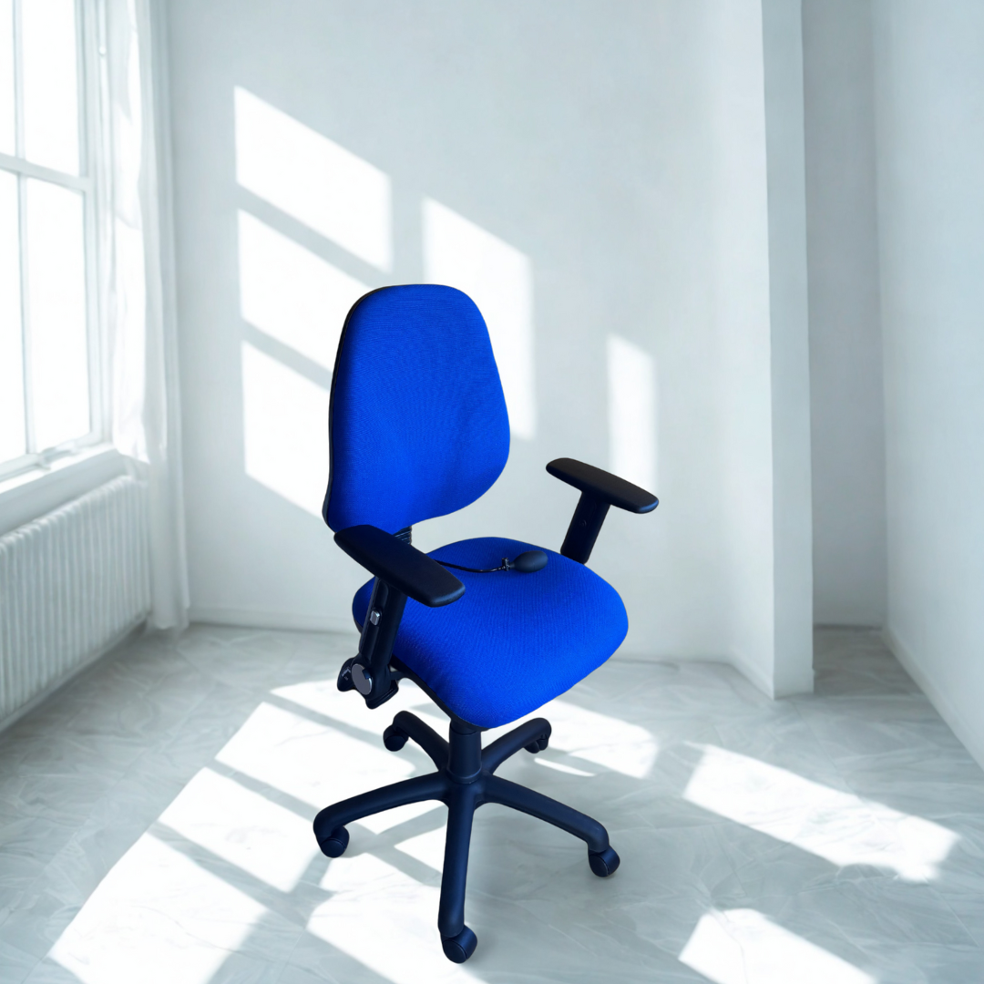 Blue office chair in a bright room with sunlight streaming through the windows.