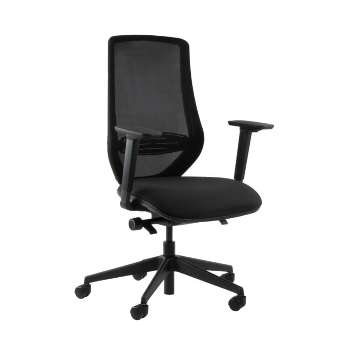 Black office chair with mesh back on a white background
