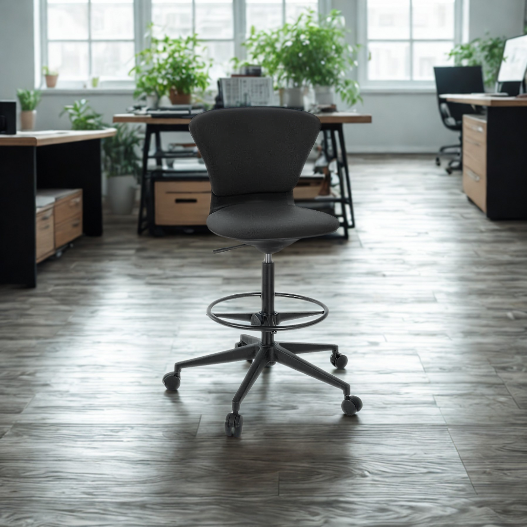 Gray office chair in a modern office setting with desks and plants.