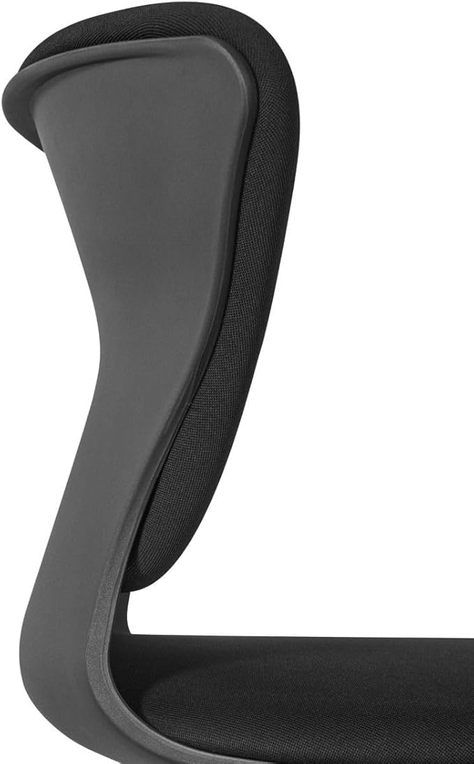 Close-up of a black office chair with a white background