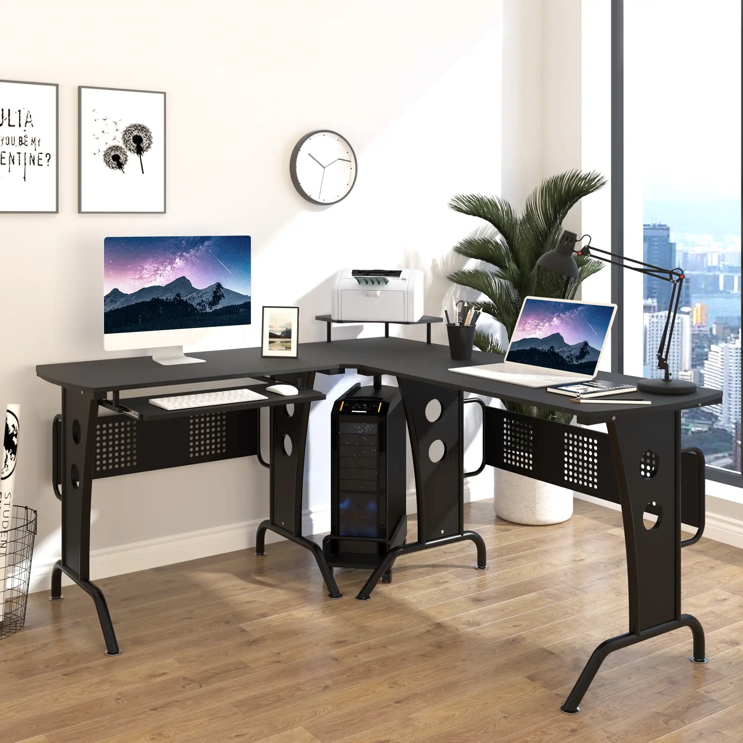 An L-shaped corner desk with a black finish, featuring a CPU rack and a slide-out keyboard tray, placed in a room with a large window and various decorations.