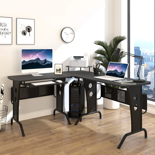 An L-shaped corner desk with a black finish, featuring a CPU rack and a slide-out keyboard tray, placed in a room with a large window and various decorations.