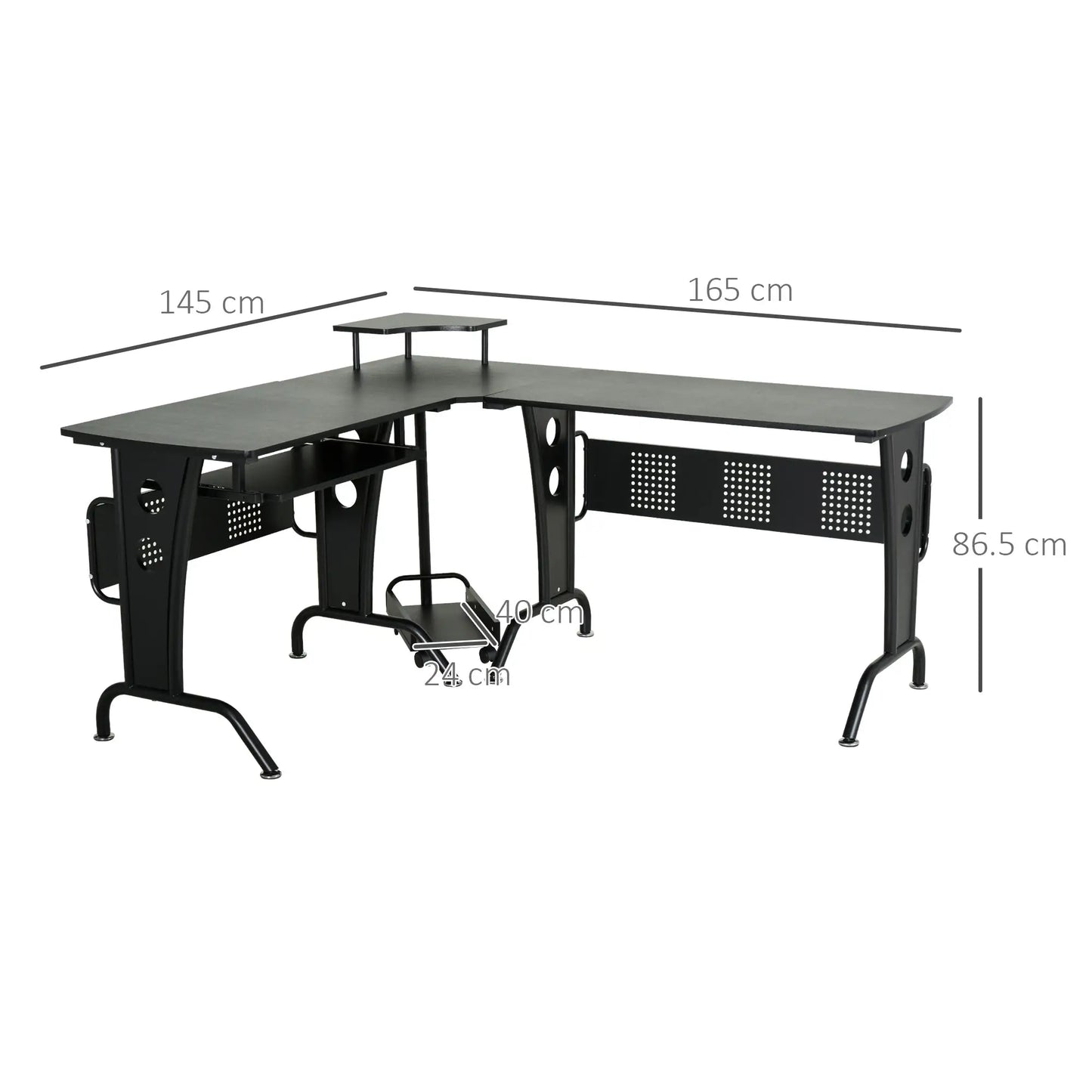 L-Shaped Corner Desk, Gaming Desk with CPU Rack, Keyboard Tray, Black dimensions