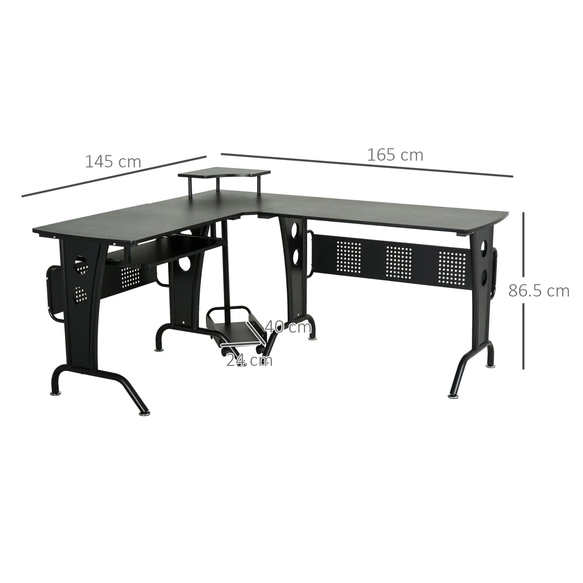 L-Shaped Corner Desk, Gaming Desk with CPU Rack, Keyboard Tray, Black dimensions