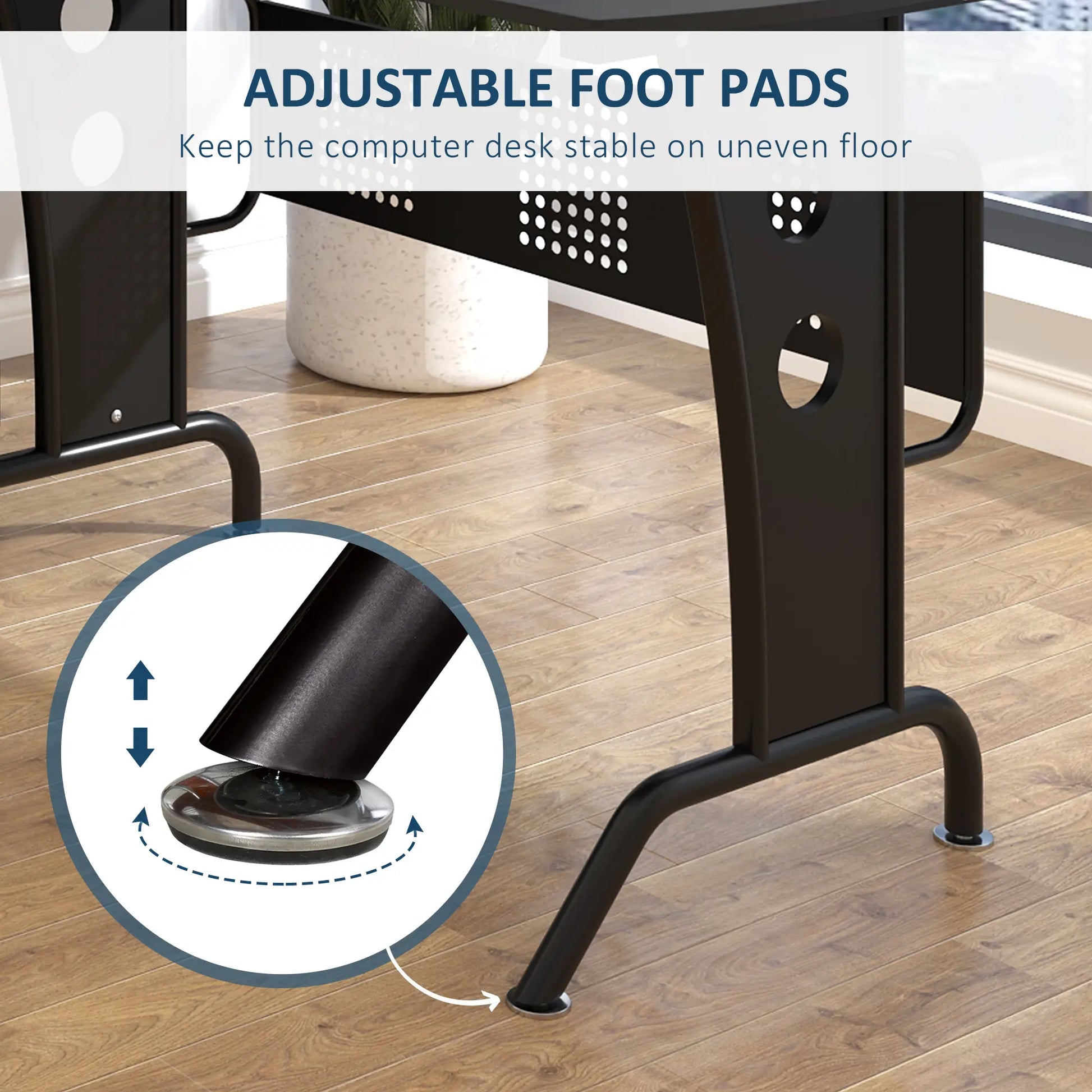 L-Shaped Corner Desk, Gaming Desk with CPU Rack, Keyboard Tray, Black foot pad detail