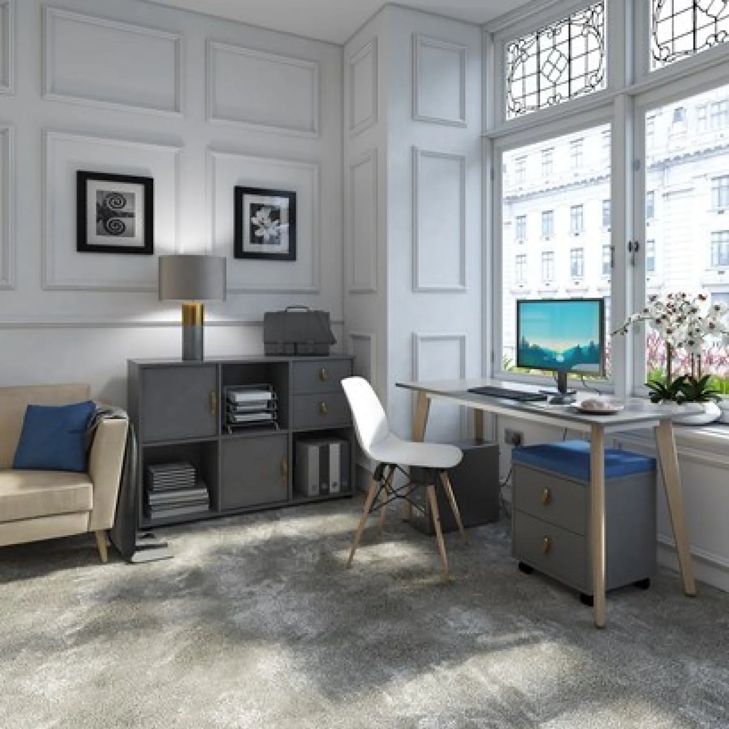 Modern home office with a desk, chair, and bookshelf.