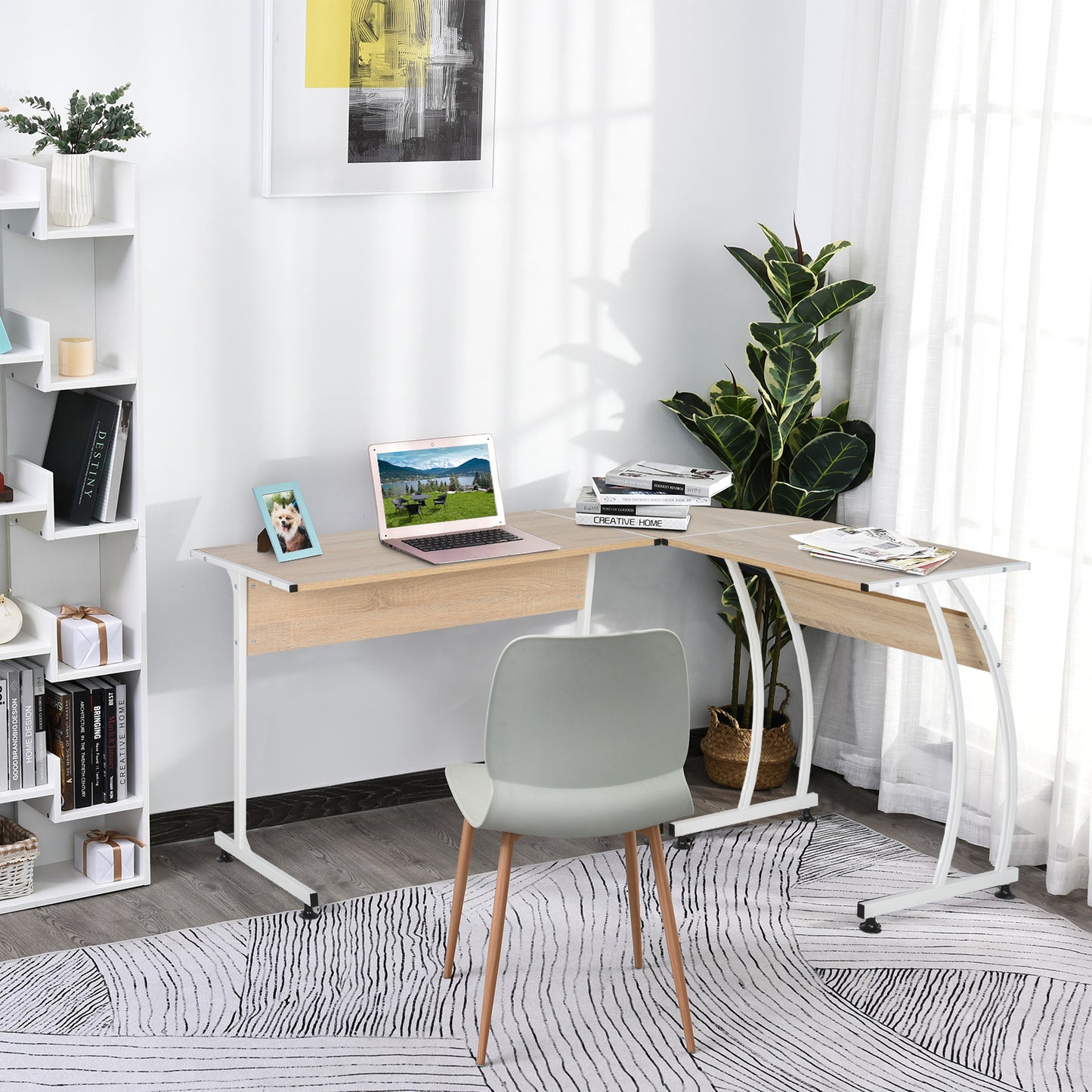 L Shape Computer Desk Corner Display Table, Natural in home office setting. 