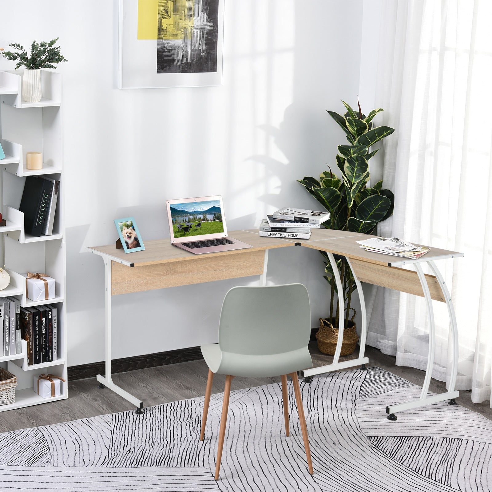 L Shape Computer Desk Corner Display Table, Natural in home office setting. 