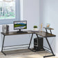 An L-shaped corner desk with a rustic brown and black finish, featuring a monitor stand and CPU stand, placed in a room with a window and decorative items.