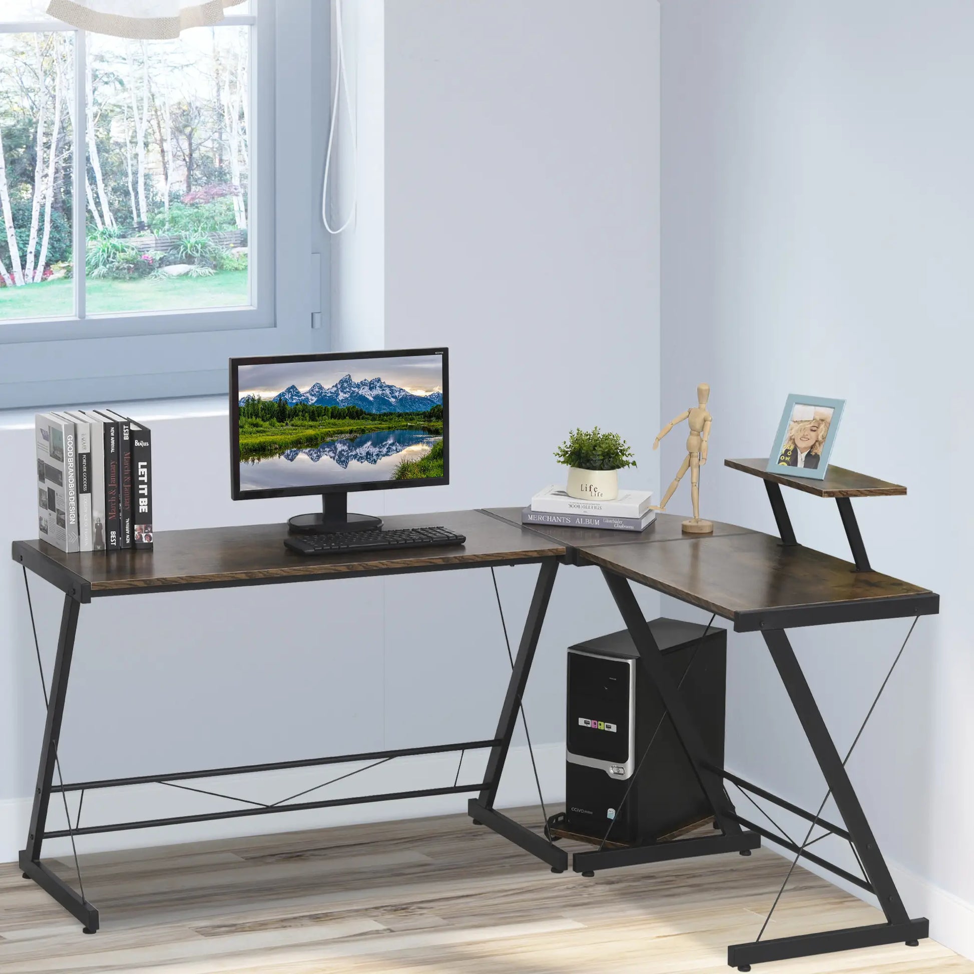 An L-shaped corner desk with a rustic brown and black finish, featuring a monitor stand and CPU stand, placed in a room with a window and decorative items.