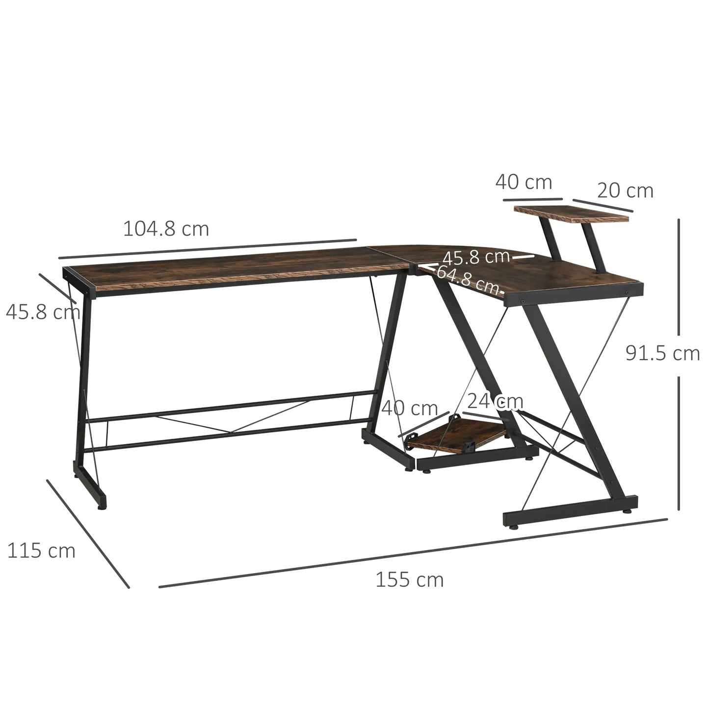 L Shaped Corner Desk with Monitor Stand and CPU Stand, Rustic Brown and Black dimensions