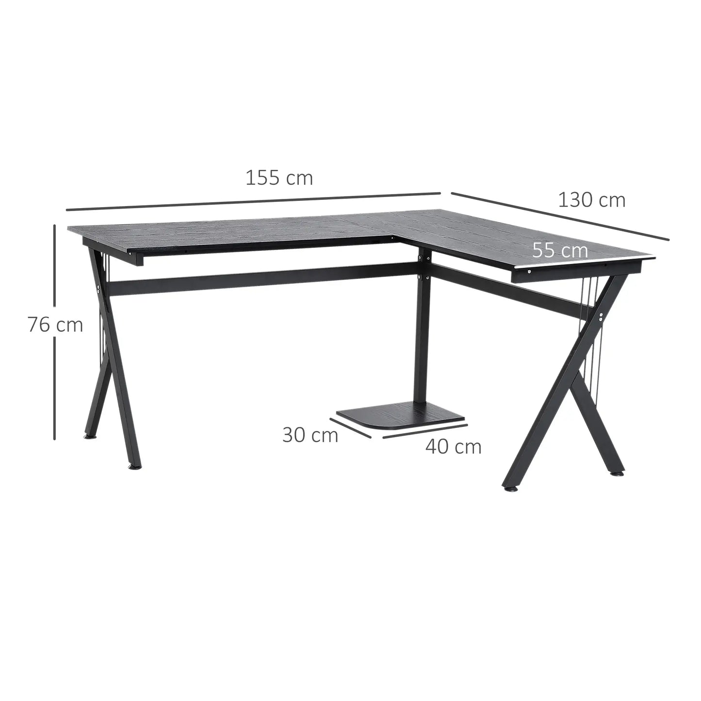 L Shaped Gaming Desk, 155 x 130cm Corner Computer Desk with CPU Stand, Black dimensions