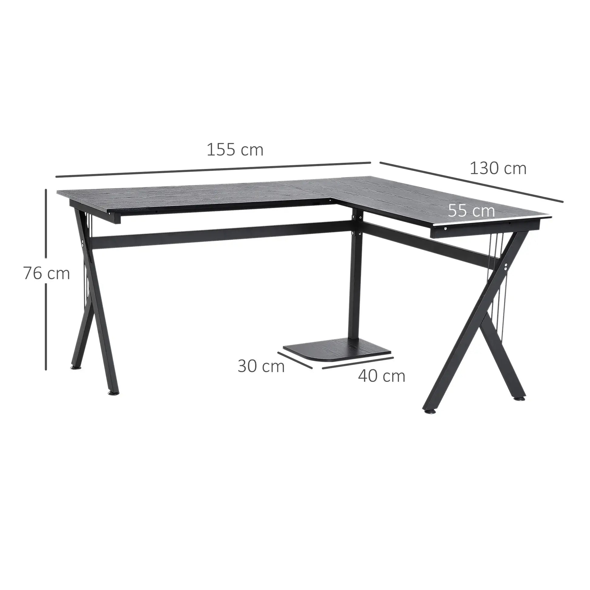L Shaped Gaming Desk, 155 x 130cm Corner Computer Desk with CPU Stand, Black dimensions