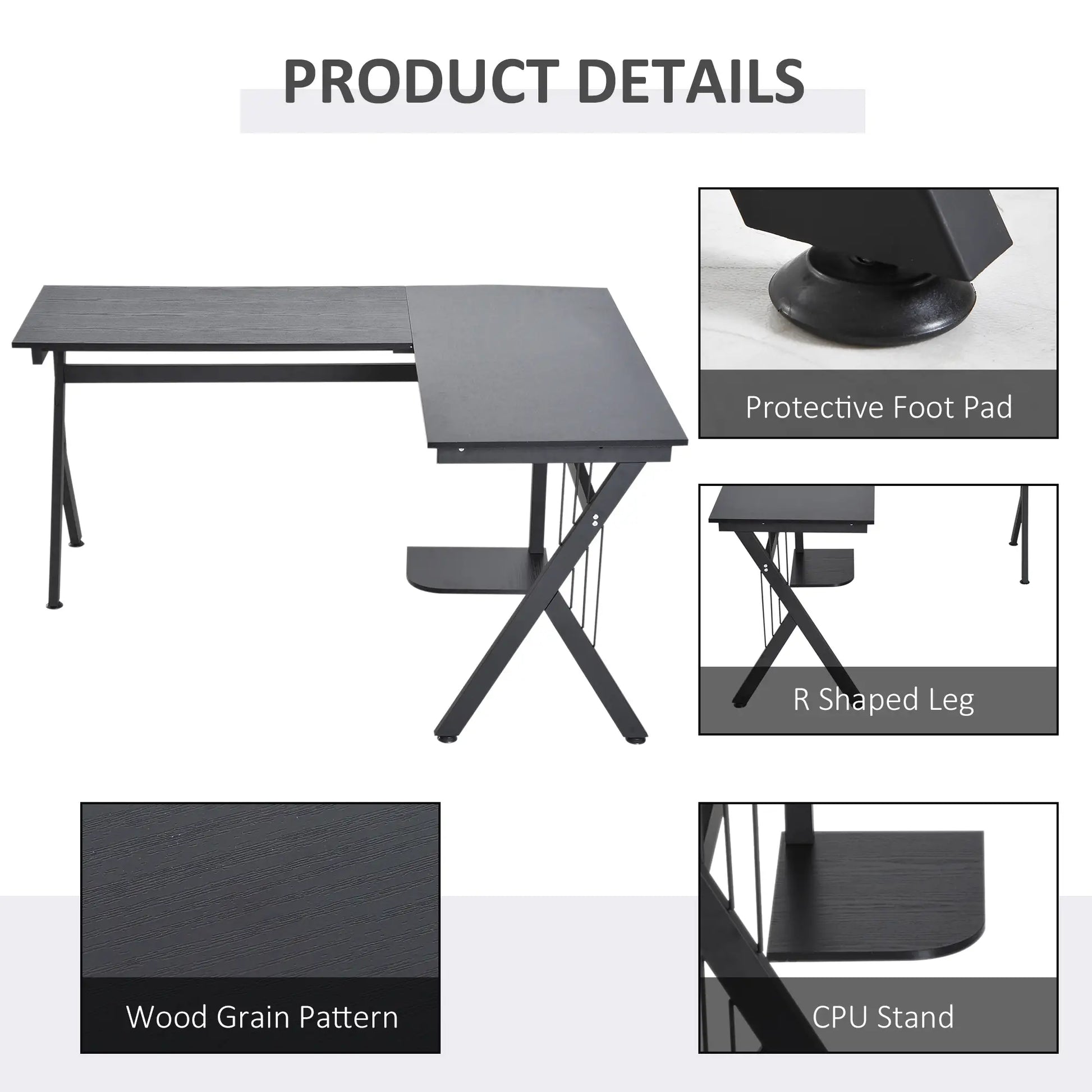 L Shaped Gaming Desk, 155 x 130cm Corner Computer Desk with CPU Stand, Black details