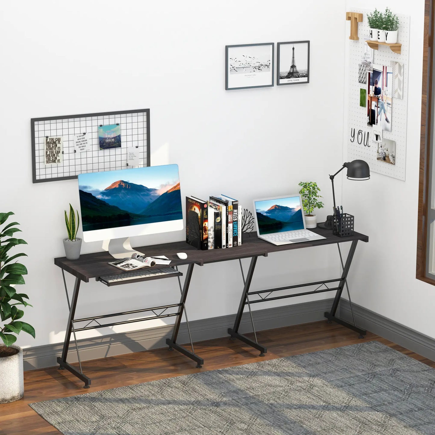 An L-shaped gaming desk with a black metal frame and solid MDF tabletops, featuring a round corner design and a slide-out keyboard tray, set in a room with various decor.