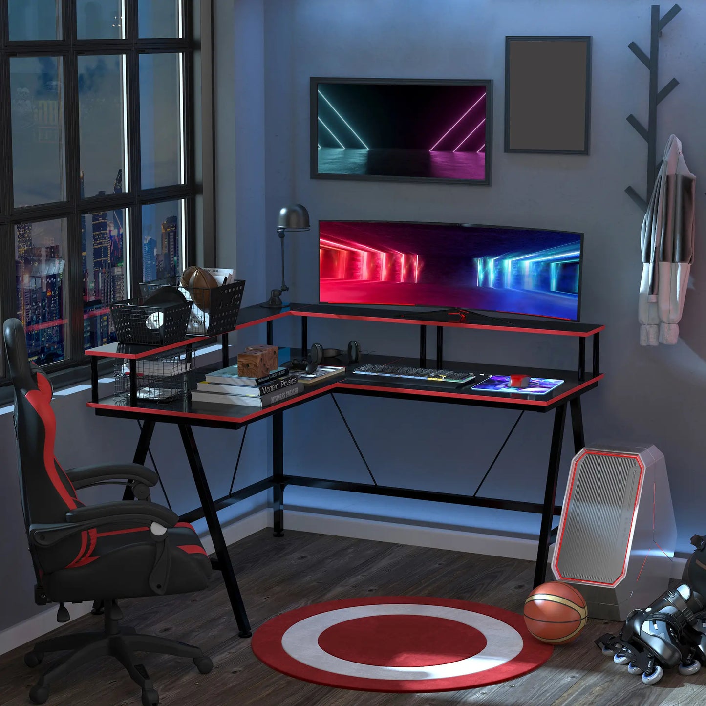 An 'L' shaped gaming desk with black and red color scheme, featuring a monitor shelf, metal frame, and positioned in a room with gaming equipment.