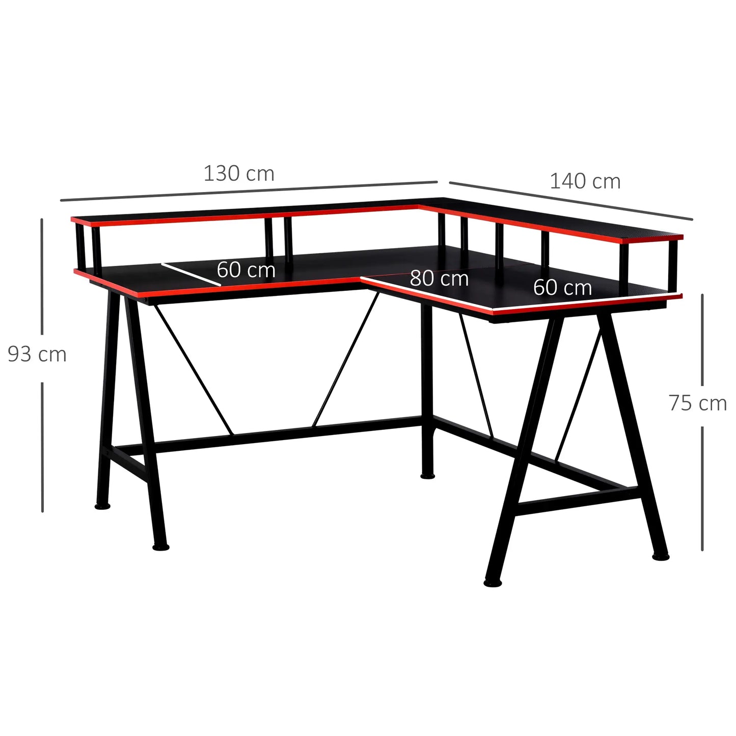 L Shaped Gaming Desk, Corner Desk with Monitor Stand, Black and Red dimensions