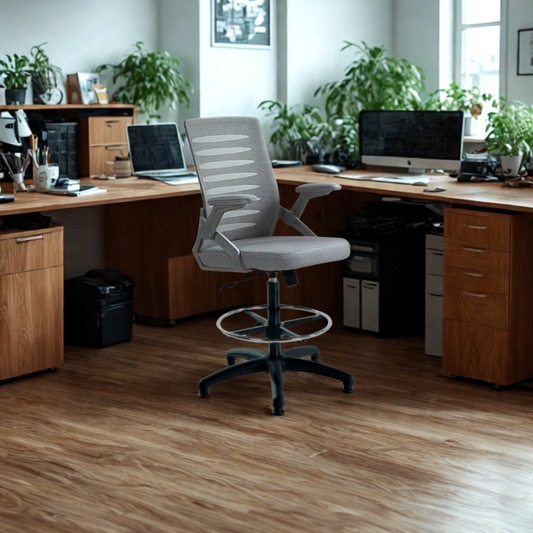 Modern office setup with wooden desk, chair, and computer equipment.