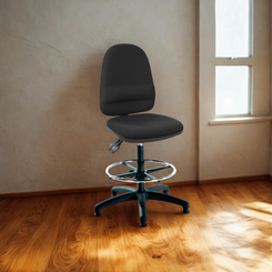 Black office chair on a wooden floor with a neutral wall background