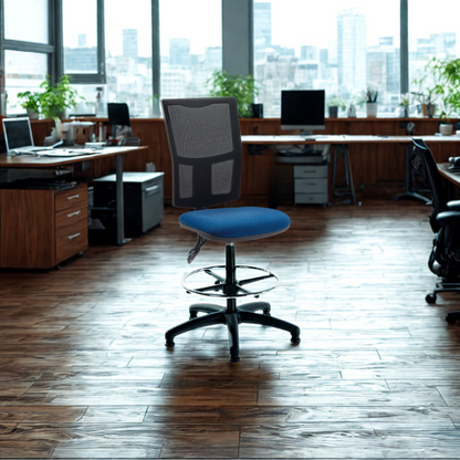 Blue office chair in a modern office setting with large windows.