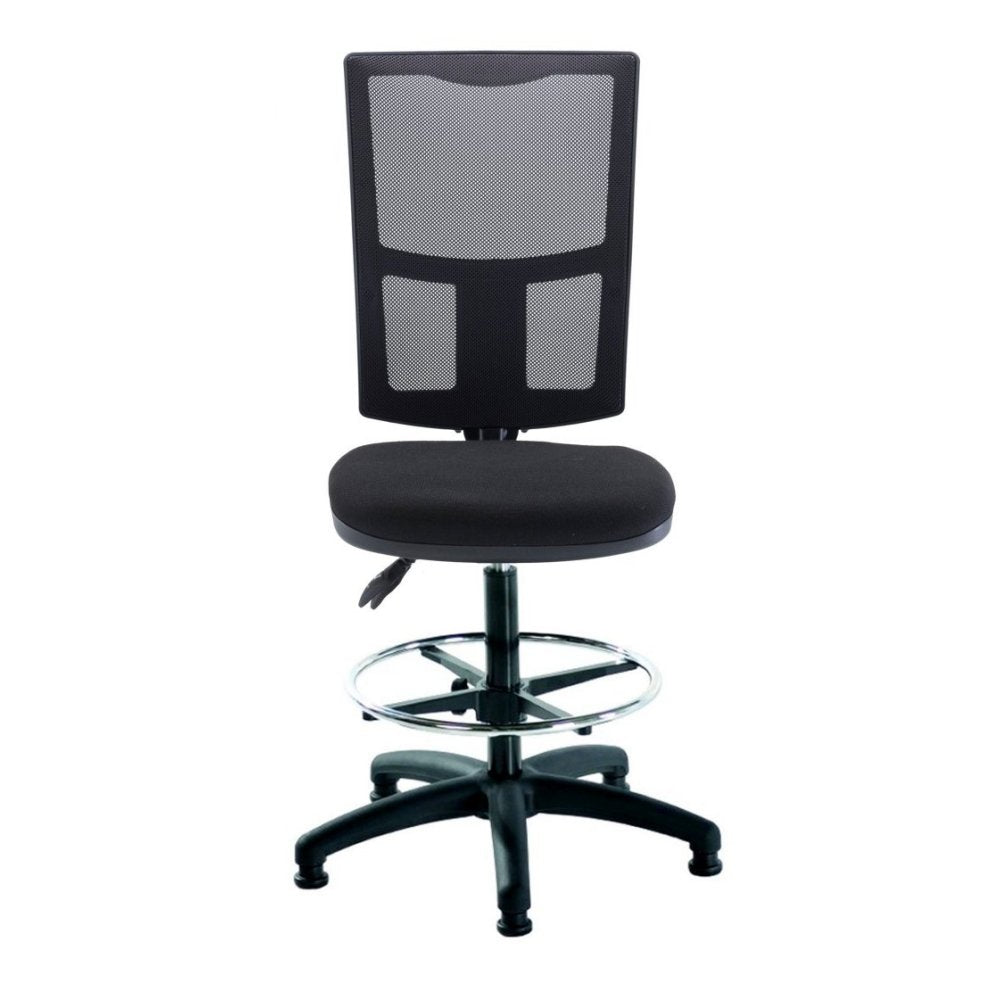 Black office chair with mesh backrest on a white background