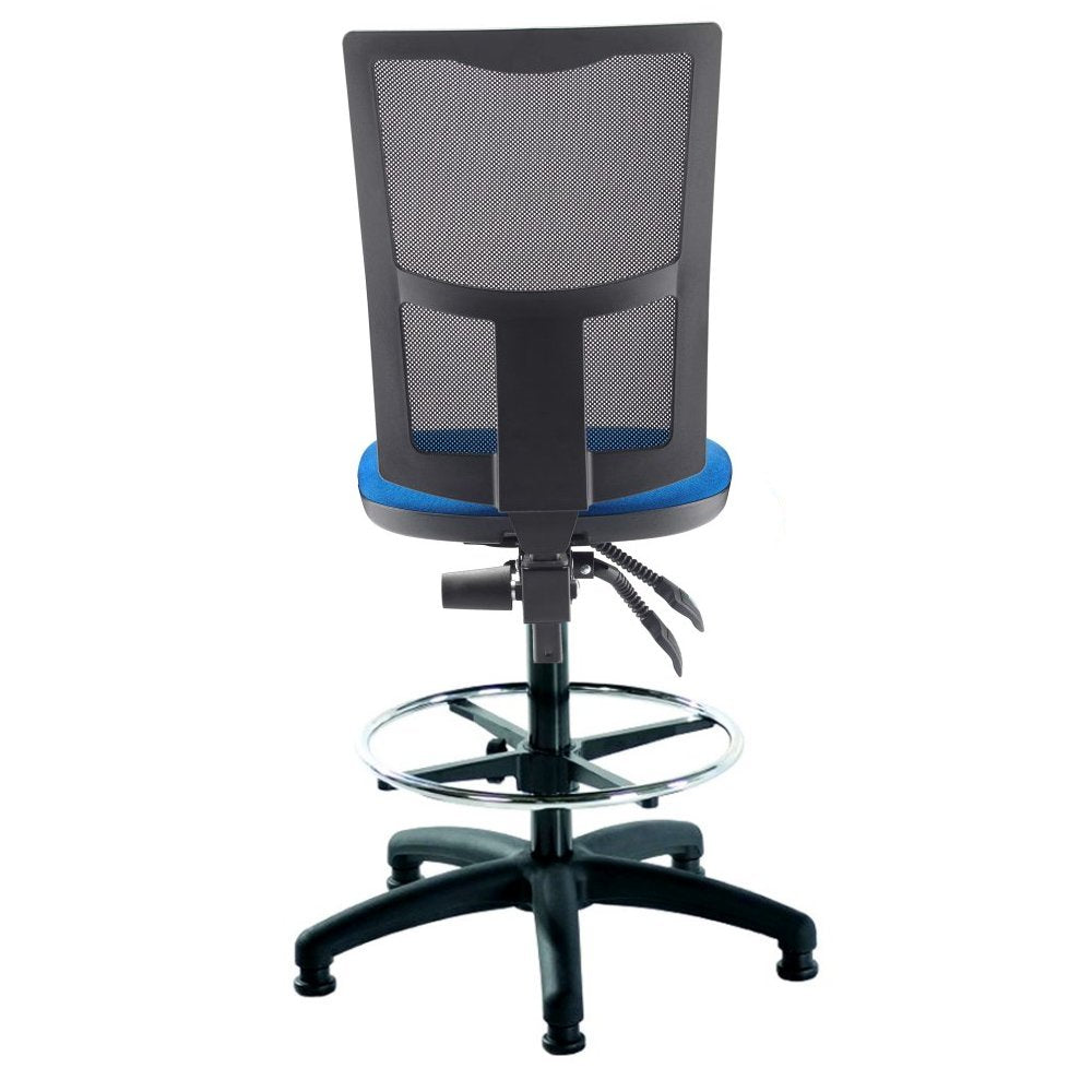Dental chair with mesh backrest and blue seat on a white background