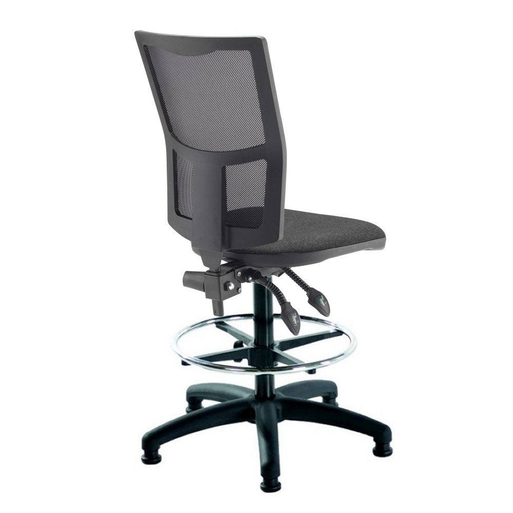 Gray office chair with mesh back and adjustable footrest on a white background