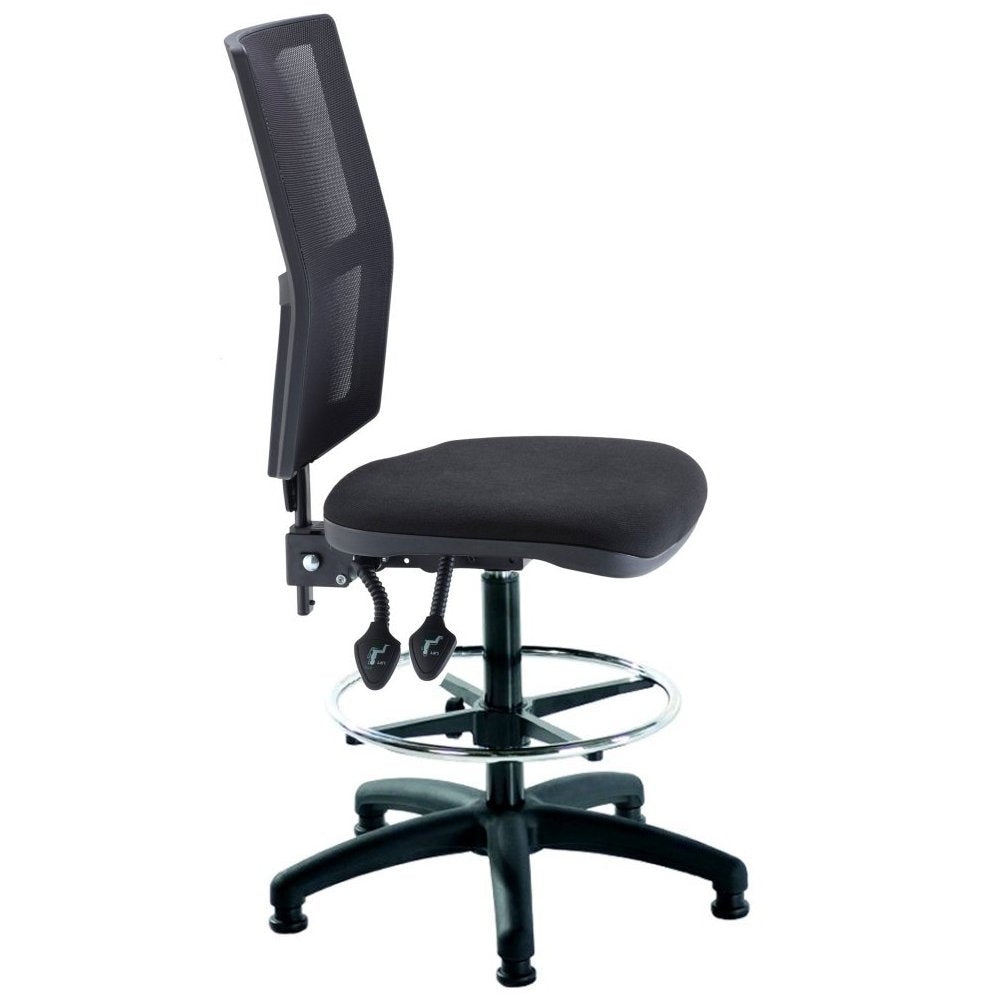 Black office chair with mesh backrest on a white background