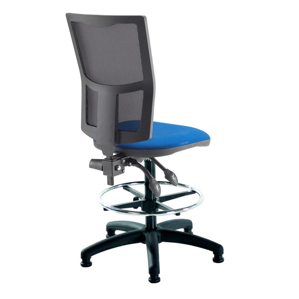 Draughtsman chair with blue seat and gray mesh back on a white background
