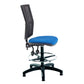 Blue office chair with black mesh backrest on a white background
