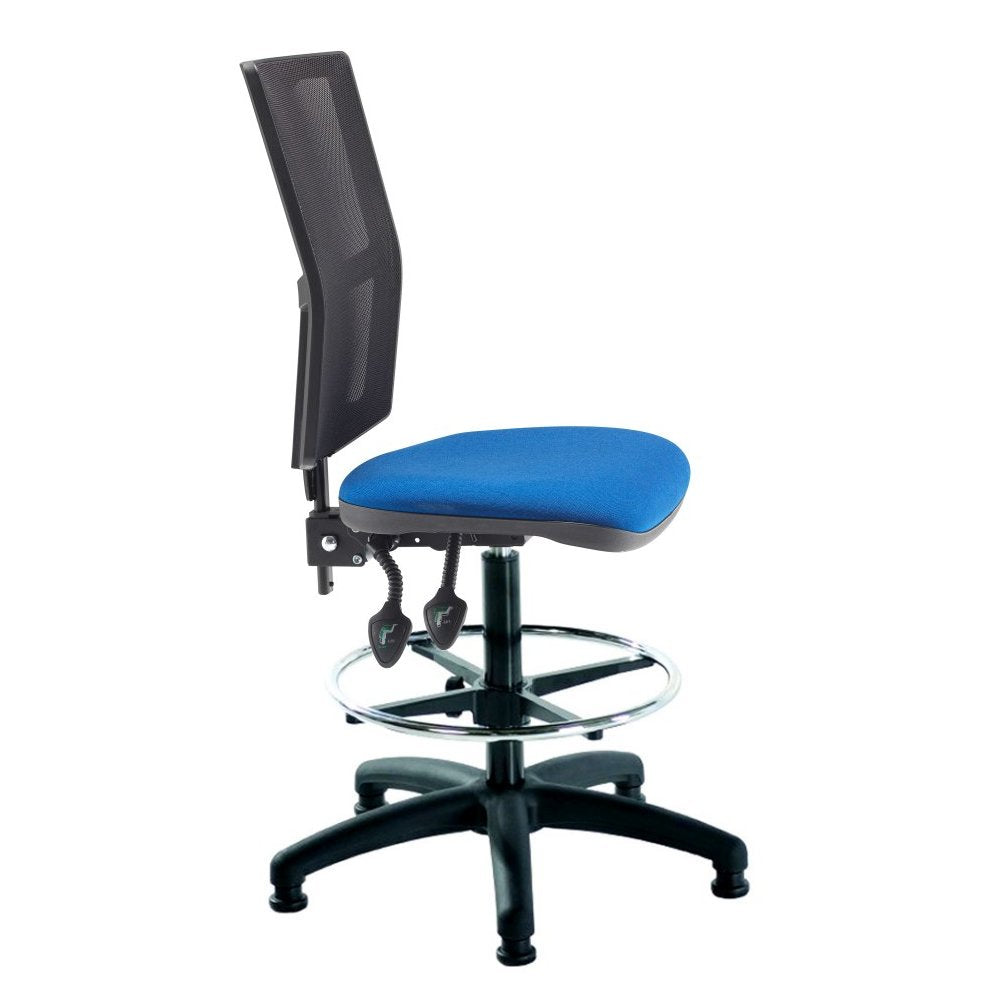 Blue office chair with black mesh backrest on a white background