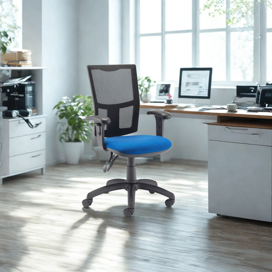 Blue office chair in a bright office setting with a desk and computer.