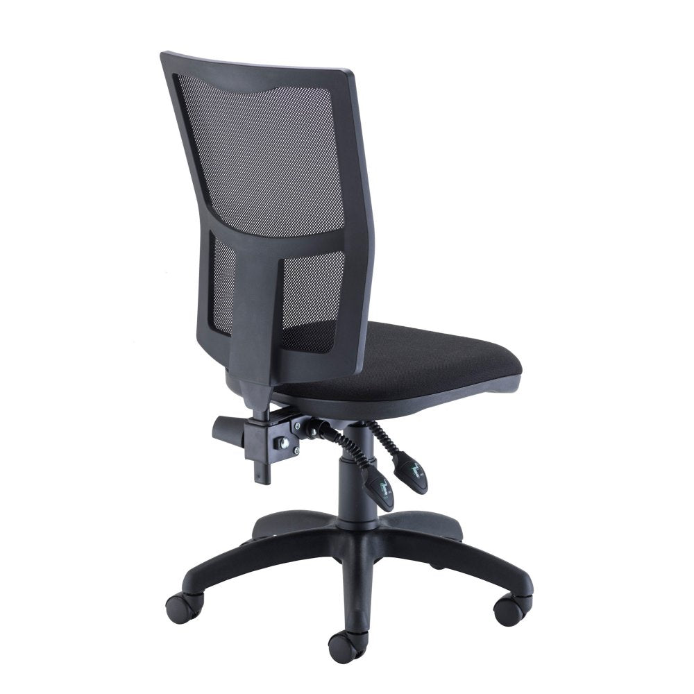 Black office chair with mesh back on a white background