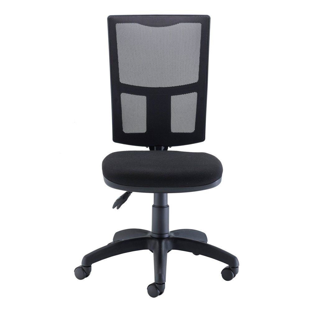 Black office chair with mesh back on a white background