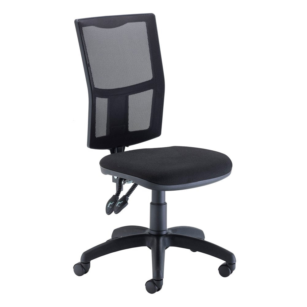 Black office chair with mesh backrest on a white background
