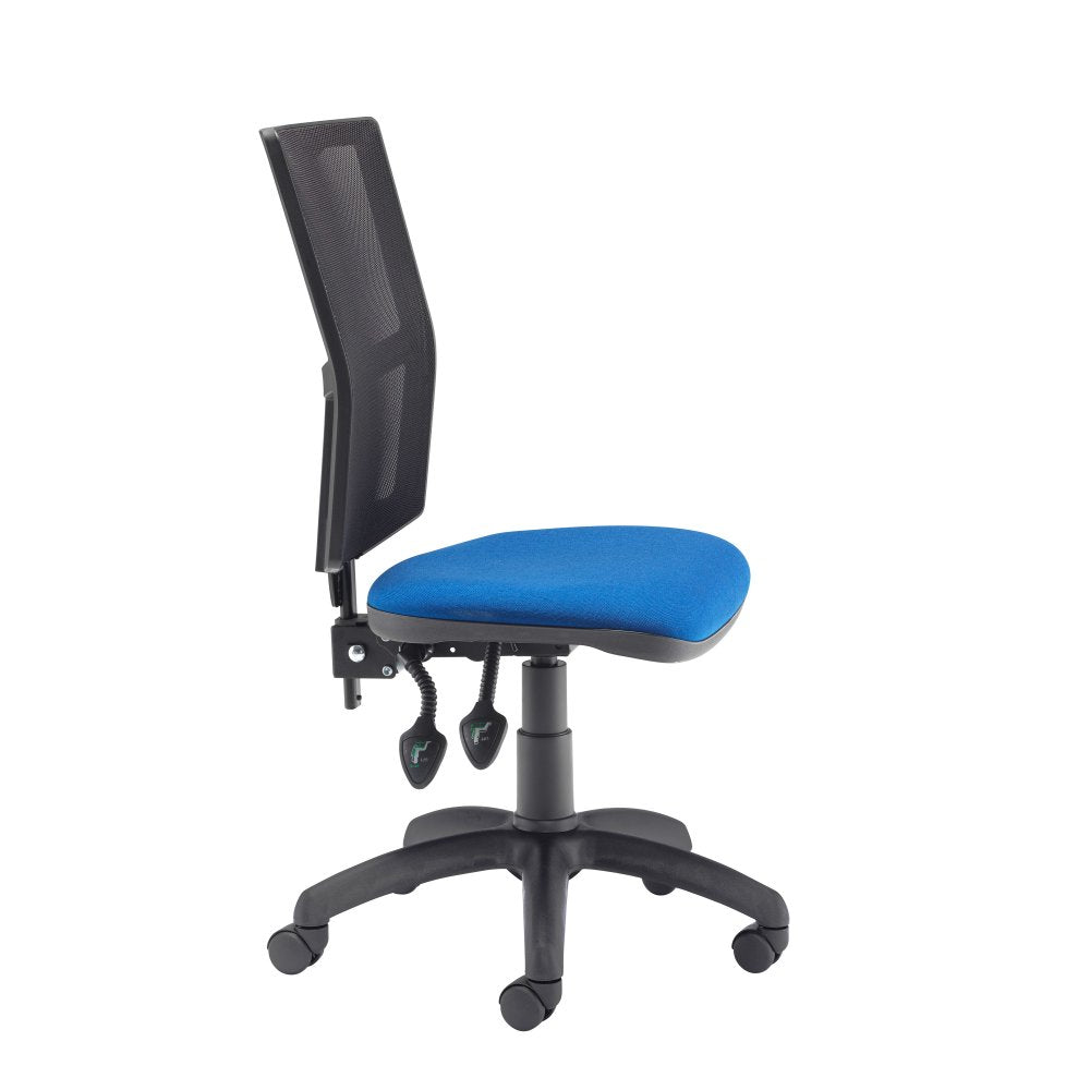 Blue office chair with black mesh backrest on a white background