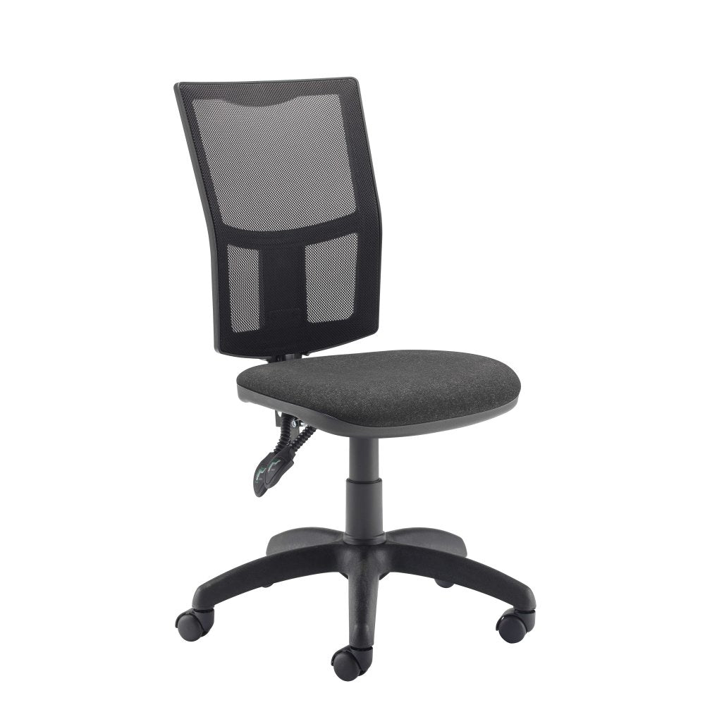 Black office chair with mesh backrest on a white background