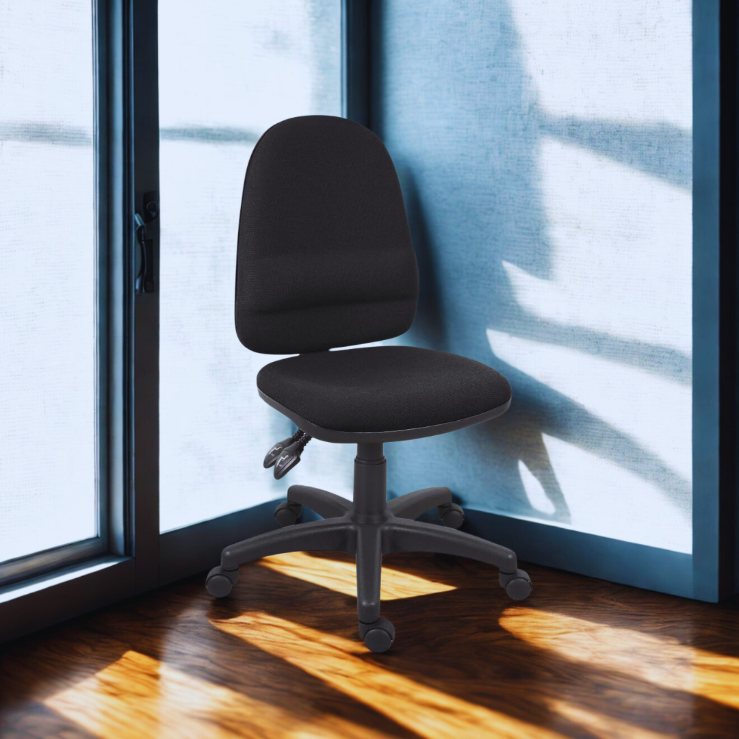 Black office chair in a room with large windows allowing natural light to filter in.